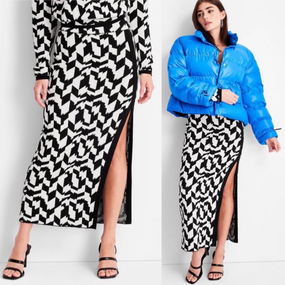 Future Collective Kahlana Barfield Brown Black & White Geometric Knit Midi Skirt